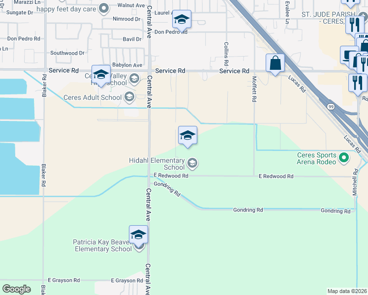 map of restaurants, bars, coffee shops, grocery stores, and more near 2351 East Redwood Road in Ceres