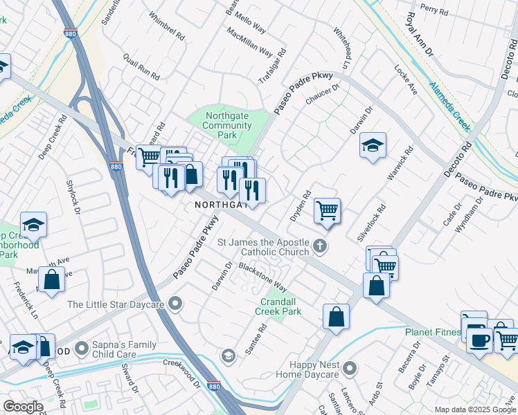 map of restaurants, bars, coffee shops, grocery stores, and more near 34460 Fremont Boulevard in Fremont