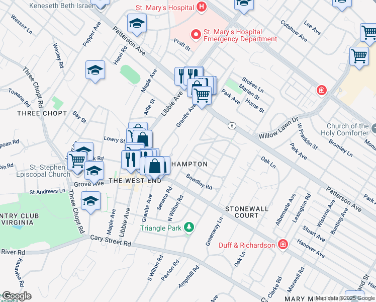 map of restaurants, bars, coffee shops, grocery stores, and more near 508 Seneca Road in Richmond