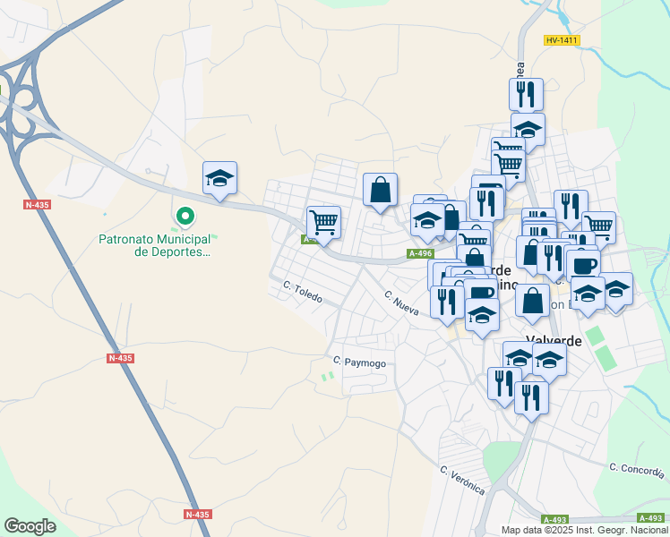 map of restaurants, bars, coffee shops, grocery stores, and more near 21a Calle Valencia in Valverde del Camino