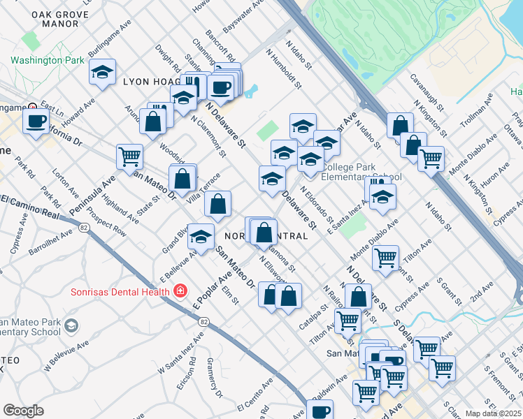 map of restaurants, bars, coffee shops, grocery stores, and more near 423 North Claremont Street in San Mateo
