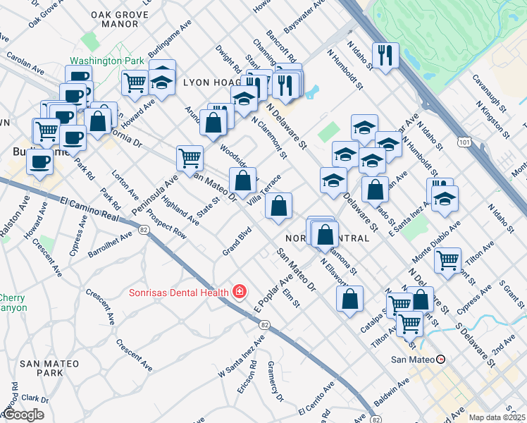 map of restaurants, bars, coffee shops, grocery stores, and more near 329 Grand Boulevard in San Mateo
