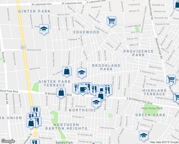 map of restaurants, bars, coffee shops, grocery stores, and more near 3215 Hanes Ave in Richmond