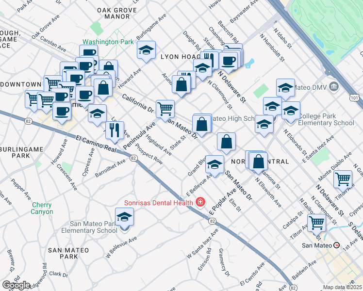 map of restaurants, bars, coffee shops, grocery stores, and more near 239 Villa Terrace in San Mateo