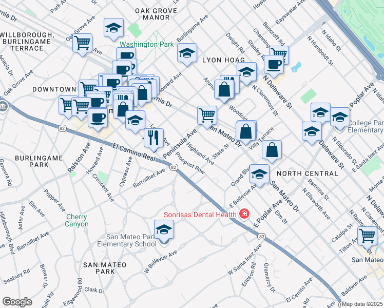 map of restaurants, bars, coffee shops, grocery stores, and more near 833 Highland Avenue in San Mateo