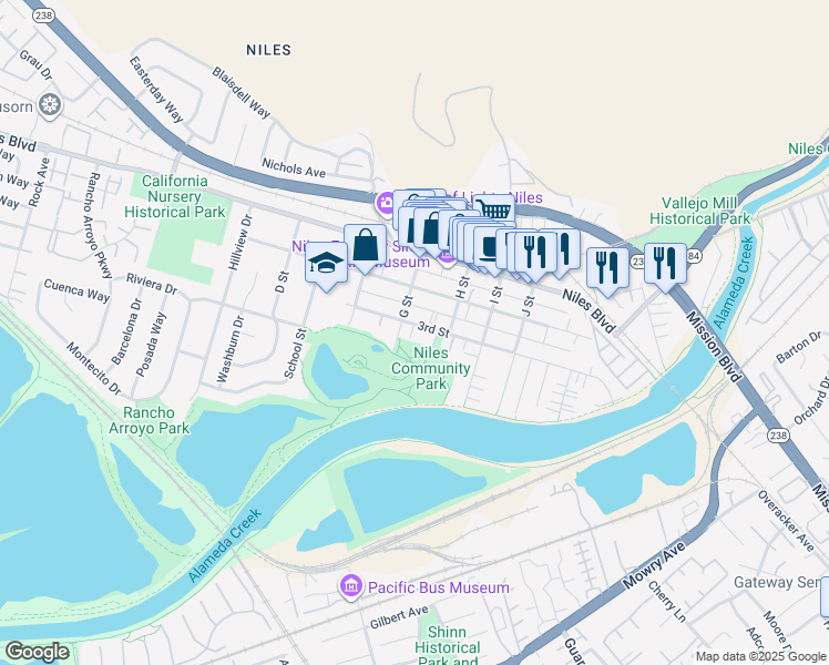 map of restaurants, bars, coffee shops, grocery stores, and more near 37551 3rd Street in Fremont