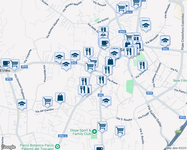 map of restaurants, bars, coffee shops, grocery stores, and more near 83 Via della Regione in San Giovanni La Punta