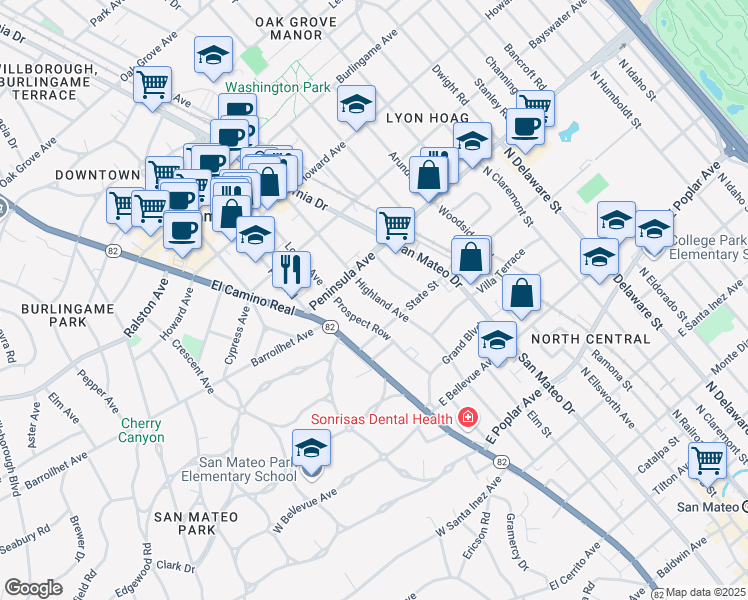 map of restaurants, bars, coffee shops, grocery stores, and more near 833 Highland Avenue in San Mateo