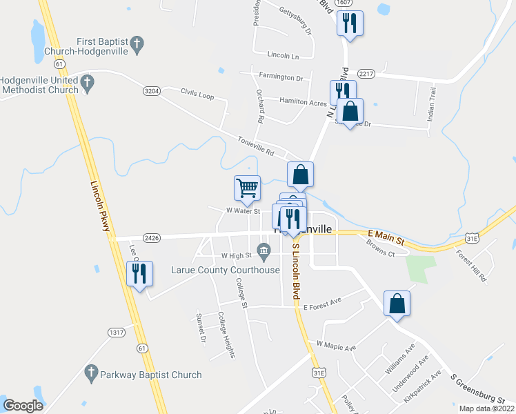 map of restaurants, bars, coffee shops, grocery stores, and more near 211 W Water St in Hodgenville