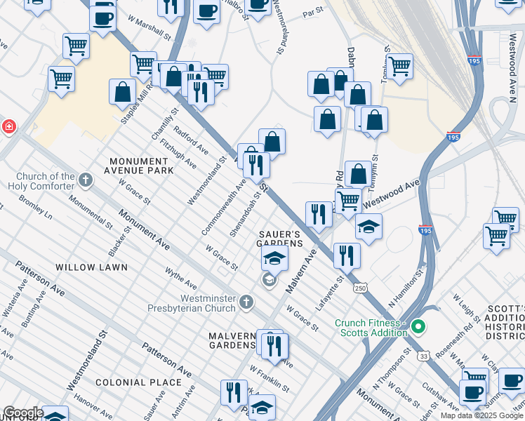 map of restaurants, bars, coffee shops, grocery stores, and more near 4304 Fitzhugh Avenue in Richmond