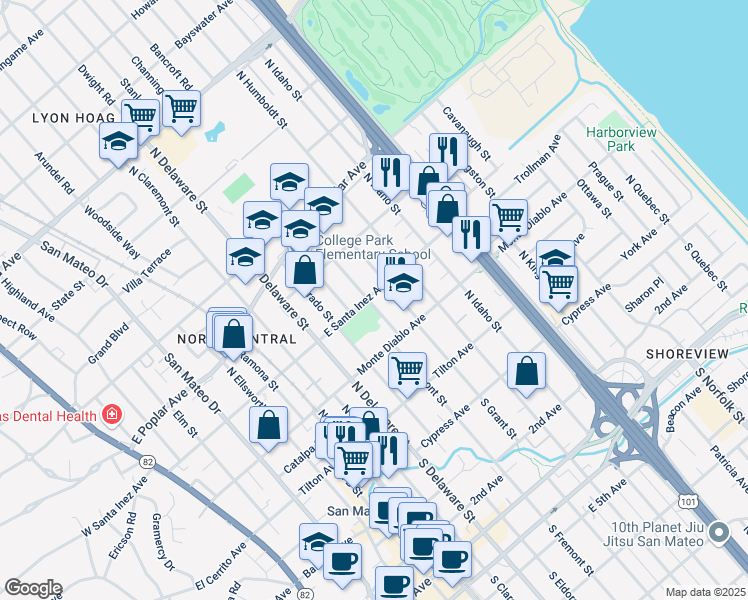map of restaurants, bars, coffee shops, grocery stores, and more near 252 North Fremont Street in San Mateo