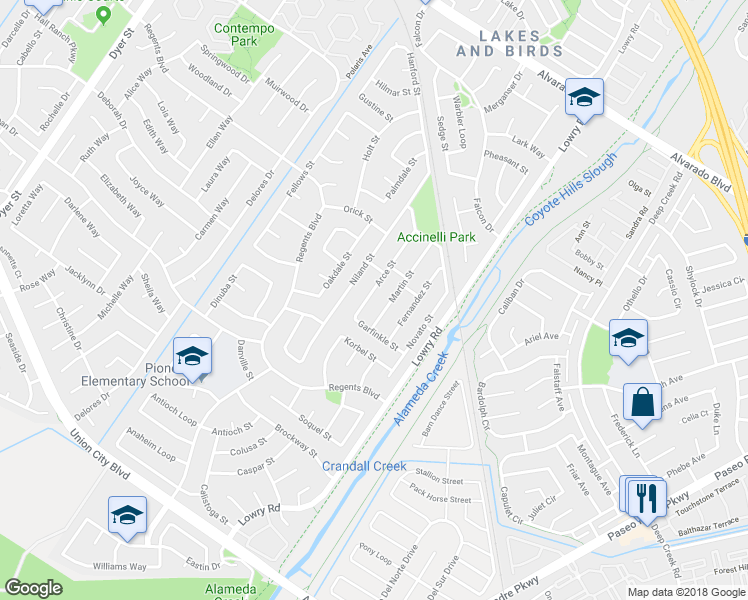 map of restaurants, bars, coffee shops, grocery stores, and more near 4566 Arce St in Union City