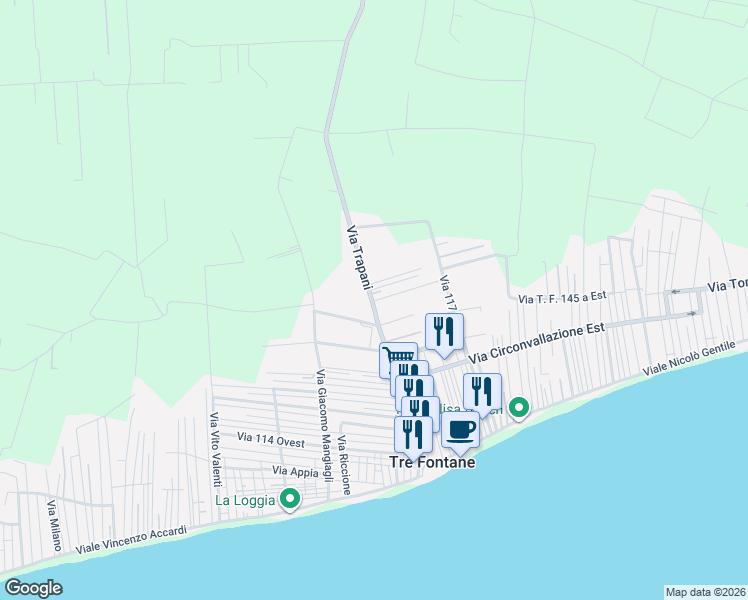 map of restaurants, bars, coffee shops, grocery stores, and more near 57 Via Trapani in Tre Fontane
