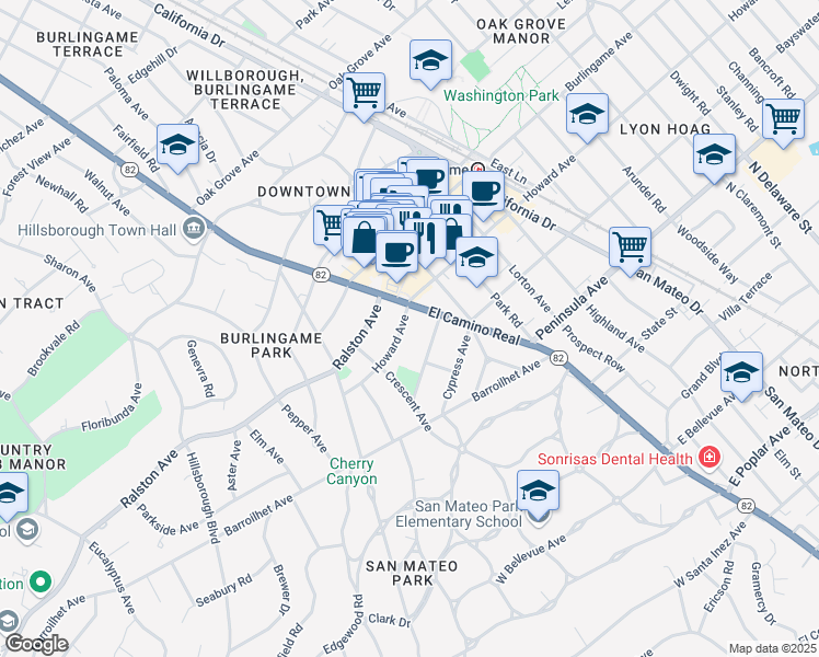 map of restaurants, bars, coffee shops, grocery stores, and more near 1517 Howard Avenue in Burlingame