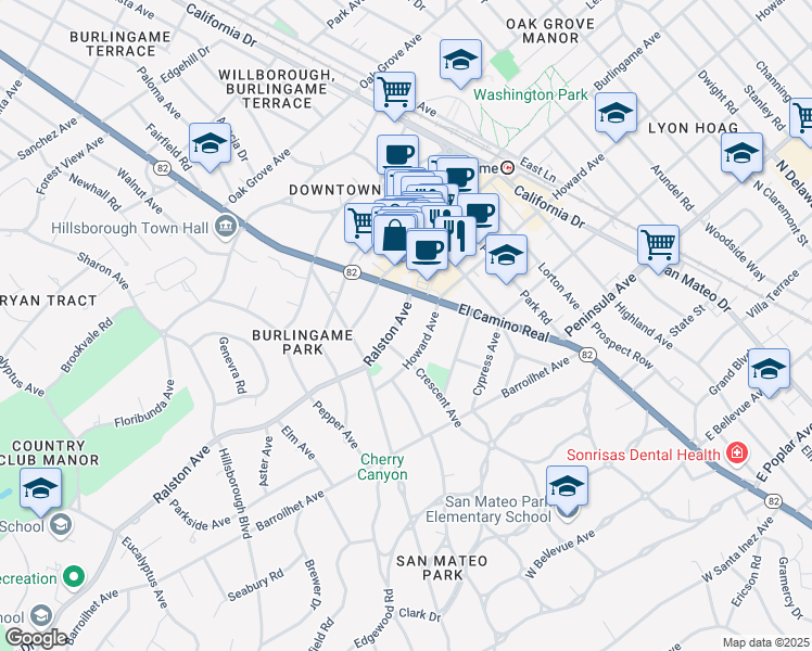 map of restaurants, bars, coffee shops, grocery stores, and more near 1525 Ralston Avenue in Burlingame