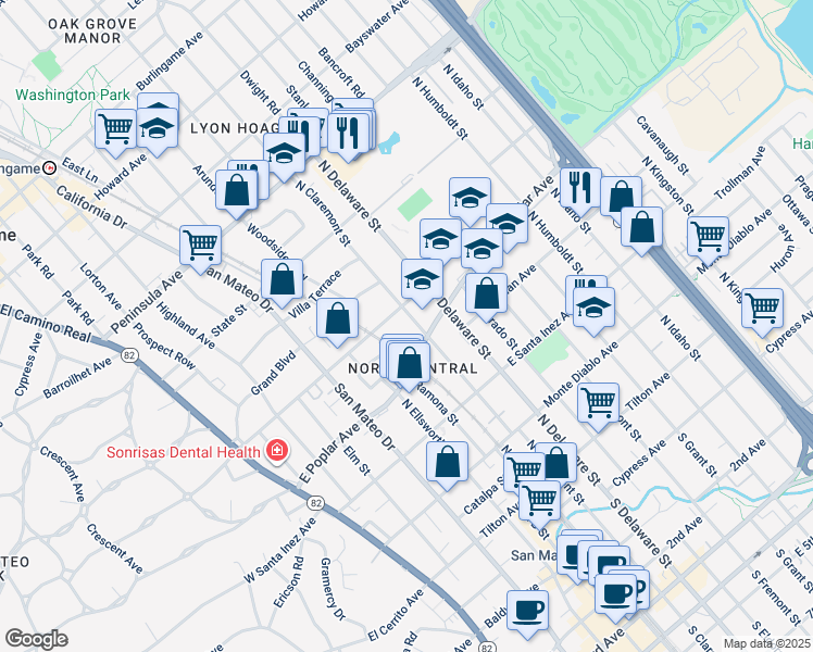 map of restaurants, bars, coffee shops, grocery stores, and more near 423 North Claremont Street in San Mateo