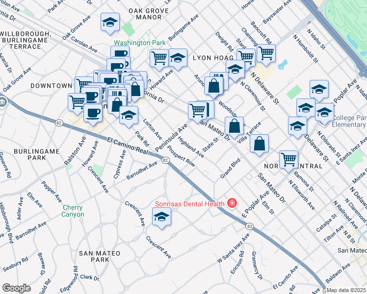 map of restaurants, bars, coffee shops, grocery stores, and more near 839 Highland Avenue in San Mateo