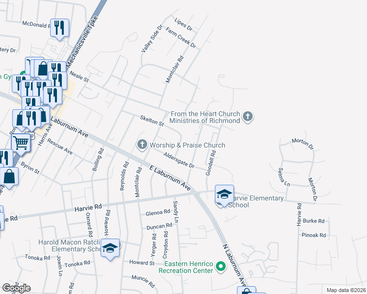 map of restaurants, bars, coffee shops, grocery stores, and more near 3703 Croydon Road in Richmond