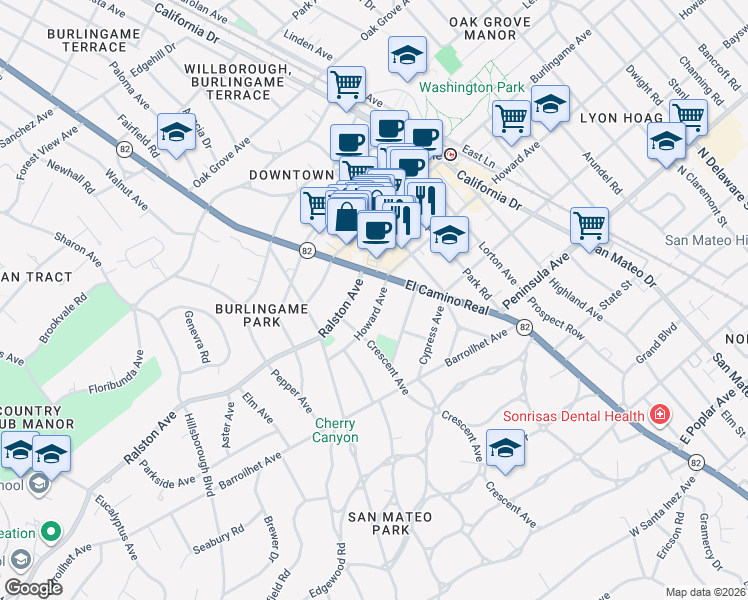 map of restaurants, bars, coffee shops, grocery stores, and more near 1520 Howard Avenue in Burlingame