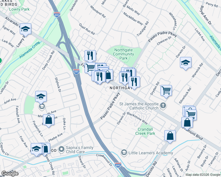 map of restaurants, bars, coffee shops, grocery stores, and more near 34383 Enea Terrace in Fremont