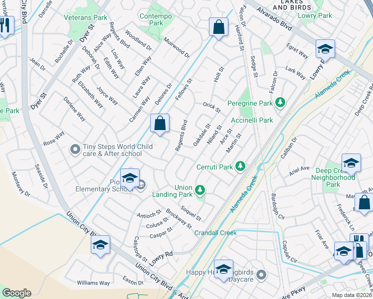 map of restaurants, bars, coffee shops, grocery stores, and more near 32920 Oakdale Street in Union City