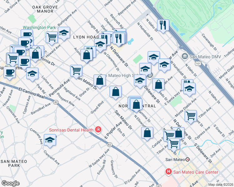 map of restaurants, bars, coffee shops, grocery stores, and more near 329 Grand Boulevard in San Mateo