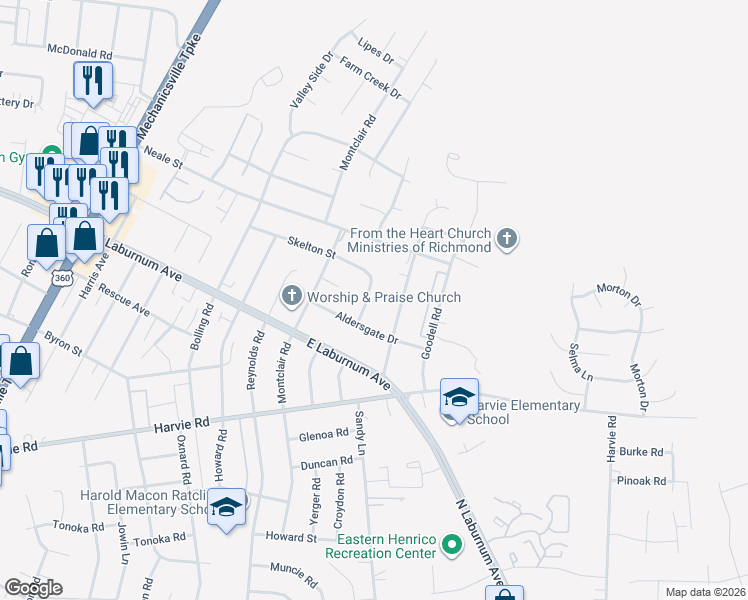 map of restaurants, bars, coffee shops, grocery stores, and more near 3703 Croydon Road in Richmond