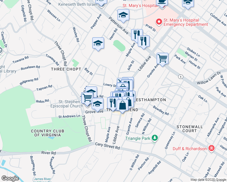 map of restaurants, bars, coffee shops, grocery stores, and more near 408 Maple Avenue in Richmond