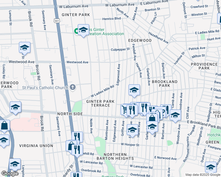 map of restaurants, bars, coffee shops, grocery stores, and more near 3047 Montrose Avenue in Richmond