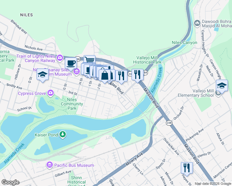 map of restaurants, bars, coffee shops, grocery stores, and more near 37978 2nd Street in Fremont