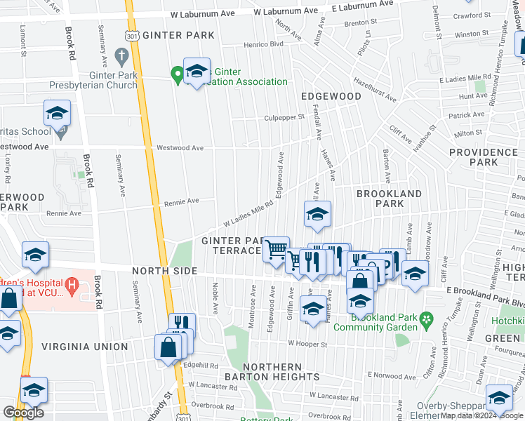 map of restaurants, bars, coffee shops, grocery stores, and more near 3047 Montrose Avenue in Richmond