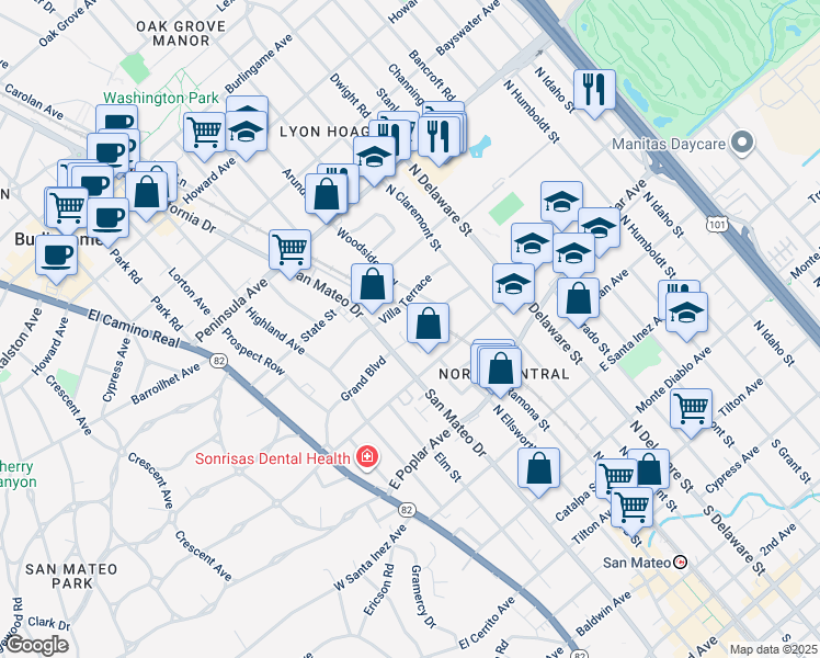 map of restaurants, bars, coffee shops, grocery stores, and more near 327 Grand Boulevard in San Mateo