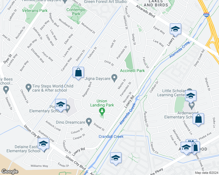map of restaurants, bars, coffee shops, grocery stores, and more near 4575 Arce Street in Union City