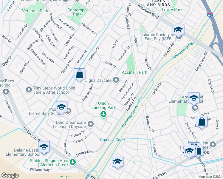 map of restaurants, bars, coffee shops, grocery stores, and more near 4575 Arce Street in Union City