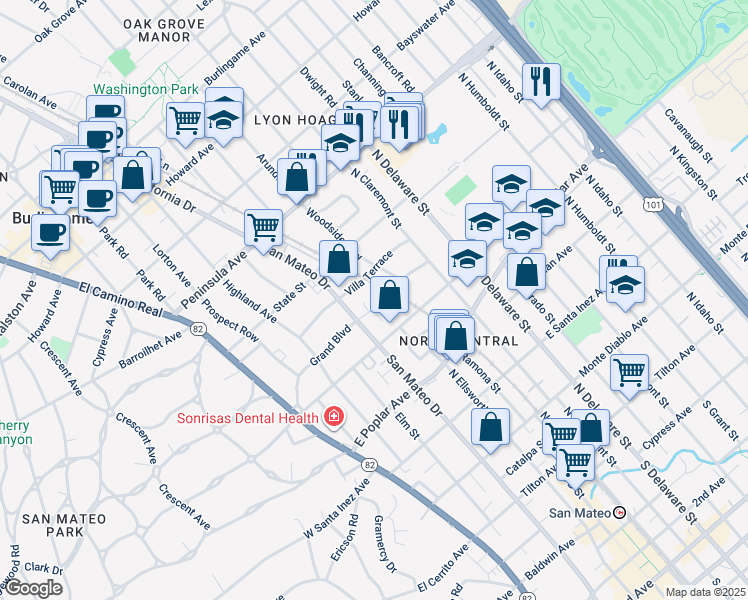 map of restaurants, bars, coffee shops, grocery stores, and more near 329 Grand Boulevard in San Mateo
