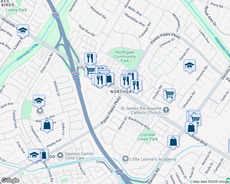 map of restaurants, bars, coffee shops, grocery stores, and more near in Fremont