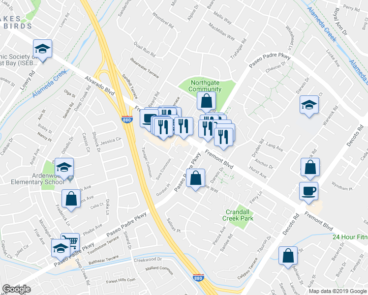 map of restaurants, bars, coffee shops, grocery stores, and more near 34383 Enea Terrace in Fremont