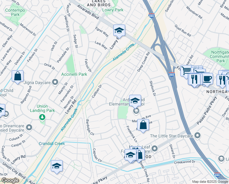 map of restaurants, bars, coffee shops, grocery stores, and more near 4486 Ariel Avenue in Fremont