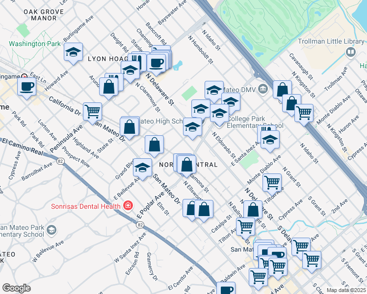 map of restaurants, bars, coffee shops, grocery stores, and more near 423 North Claremont Street in San Mateo