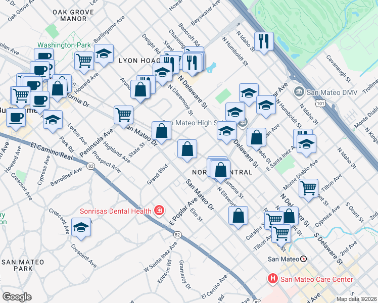 map of restaurants, bars, coffee shops, grocery stores, and more near 329 Grand Boulevard in San Mateo
