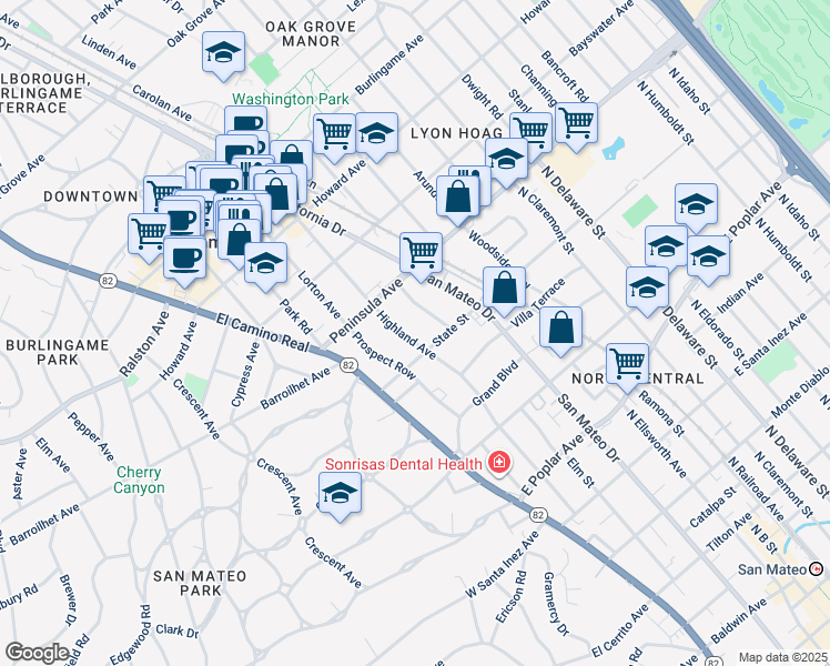map of restaurants, bars, coffee shops, grocery stores, and more near 833 Highland Avenue in San Mateo