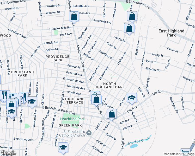 map of restaurants, bars, coffee shops, grocery stores, and more near 3217 Maryland Avenue in Richmond