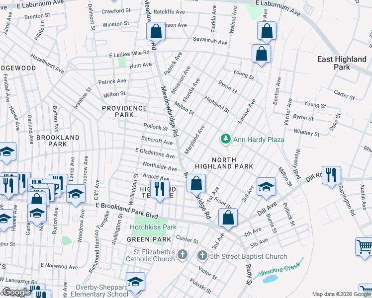 map of restaurants, bars, coffee shops, grocery stores, and more near 800 Burns Street in Richmond