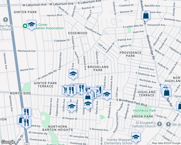 map of restaurants, bars, coffee shops, grocery stores, and more near 3202 North Avenue in Richmond