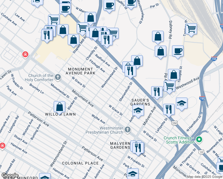 map of restaurants, bars, coffee shops, grocery stores, and more near 4503 Augusta Avenue in Richmond