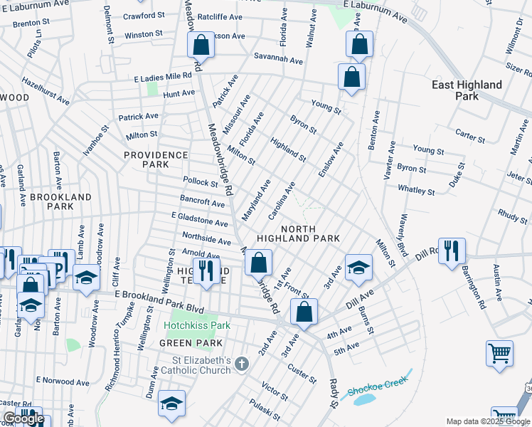 map of restaurants, bars, coffee shops, grocery stores, and more near 3217 Maryland Avenue in Richmond