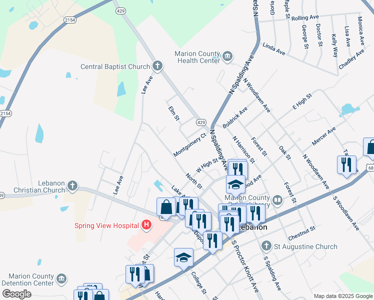 map of restaurants, bars, coffee shops, grocery stores, and more near 140 Montgomery Court in Lebanon
