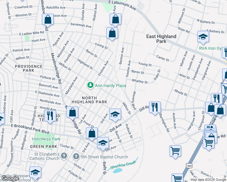 map of restaurants, bars, coffee shops, grocery stores, and more near 3407 2nd Avenue in Richmond
