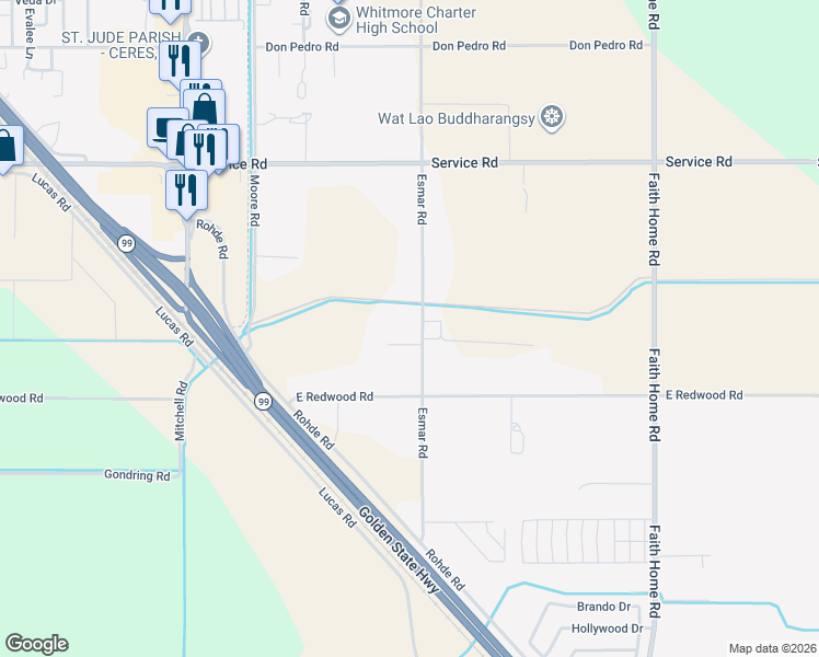 map of restaurants, bars, coffee shops, grocery stores, and more near 4401 Esmar Road in Ceres