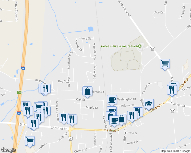 map of restaurants, bars, coffee shops, grocery stores, and more near 140 Baldwin Street in Berea